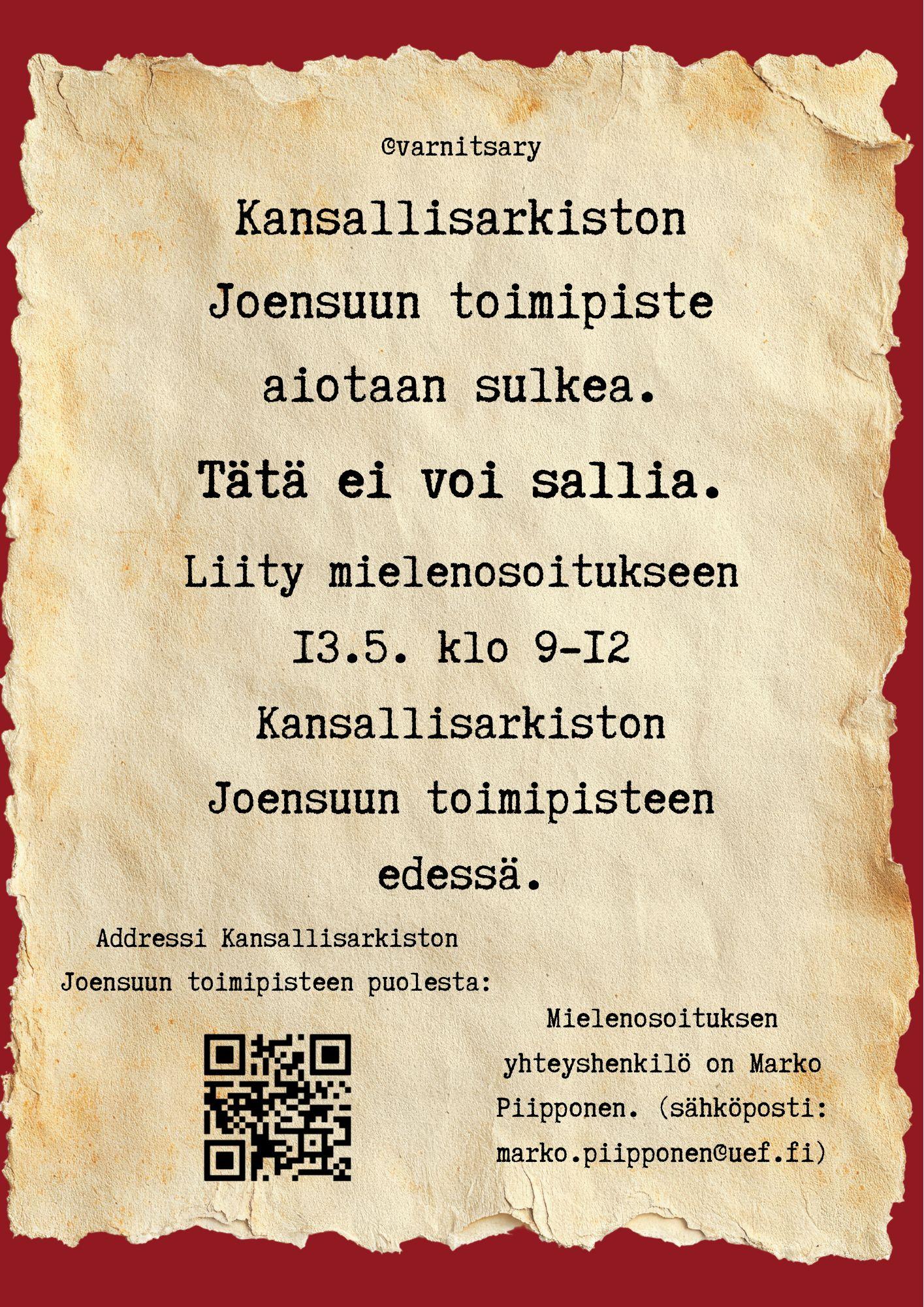 Mielenosoitus Kansallisarkiston Joensuun toimipisteen säilyttämiseksi - Kuva 1